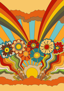 Psychedelic Colors Fantastic Flowers, 1960s Hippie Art Style Floral Illustration 