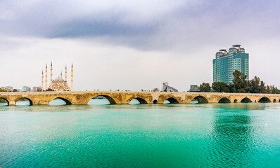 Hilton Hotel ans Sabanci Mosque view around Seyhan River in Adana. Adana is the biggest city of...