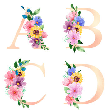 Watercolor Pink pearl Floral Alphabet Set with colorful meadow summer flowers.