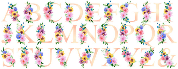 Watercolor Pink pearl Floral Alphabet Set with colorful meadow summer flowers.