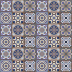 Geometric background square tiles with floral ethnic pattern in beige and blue colors