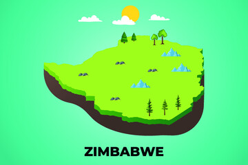  Zimbabwe 3d isometric map with topographic details mountains, trees and soil vector illustration design
