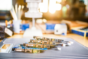 Close-up electric green embedded microcircuits in production