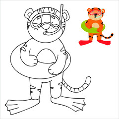 Coloring book with an example for children where a tiger in a mask for swimming with an inflatable ring. Tiger cub in cartoon style.