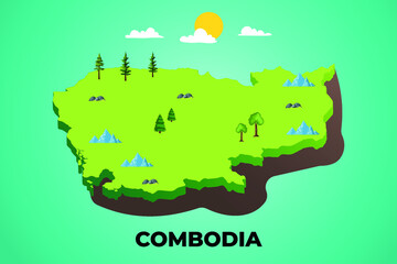 Cambodia 3d isometric map with topographic details mountains, trees and soil vector illustration design