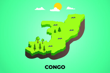 Congo 3d isometric map with topographic details mountains, trees and soil vector illustration design