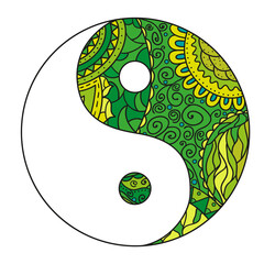 Yin and Yang. Zentangle. Zen art. Hand drawn mandala on isolation background. Design for spiritual relaxation for adults. Line art creation. Outline for tattoo, printing on t-shirts, posters and other