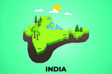  India 3d isometric map with topographic details mountains, trees and soil vector illustration design