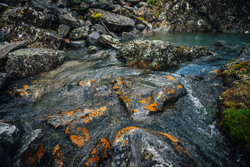 Scenic nature background of turquoise clear water stream among rocks with mosses and lichens. Atmospheric mountain landscape with mossy stones in transparent mountain creek. Beautiful mountain stream.