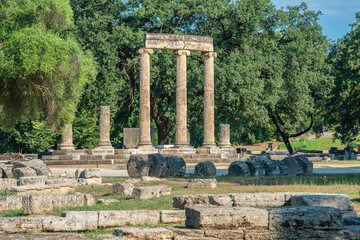 The Philippeion, ancient Greek sanctuary erected by Philip II, King of Macedonia, Olympia Archaeological Site, Peloponnese peninsula, Greece 27.07.2019 - obrazy, fototapety, plakaty