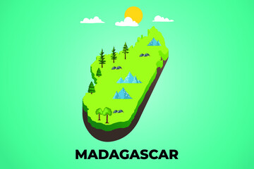 Madagascar 3d isometric map with topographic details mountains, trees and soil vector illustration design