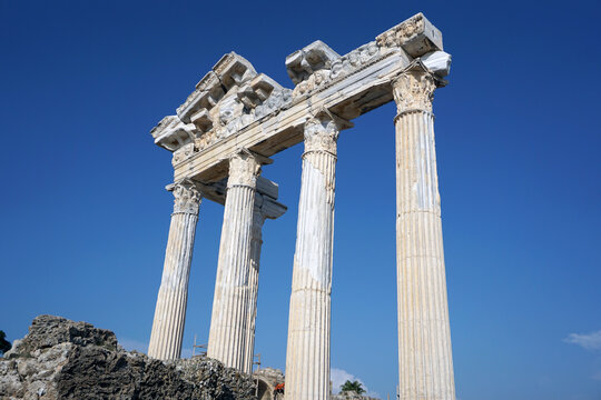 Side / Turkey - October 16 2019: The ruins of the ancient city of Side. Temple of Apollo. A wonderful summer vacation in Turkey. Sights of Turkey.