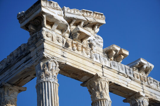Side / Turkey - October 16 2019: The ruins of the ancient city of Side. Temple of Apollo. A wonderful summer vacation in Turkey. Sights of Turkey.