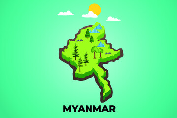Myanmar 3d isometric map with topographic details mountains, trees and soil vector illustration design