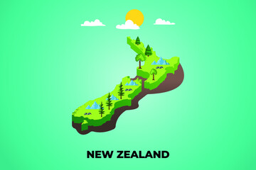 New Zealand 3d isometric map with topographic details mountains, trees and soil vector illustration design