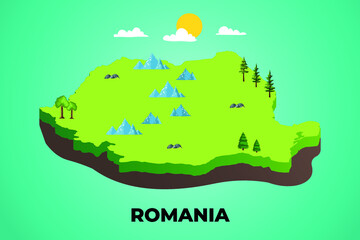 Romania 3d isometric map with topographic details mountains, trees and soil vector illustration design