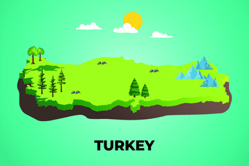 turkey 3d isometric map with topographic details mountains, trees and soil vector illustration design