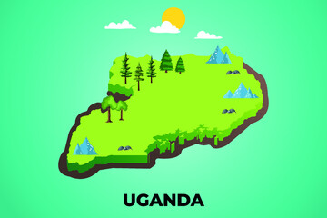 Uganda 3d isometric map with topographic details mountains, trees and soil vector illustration design