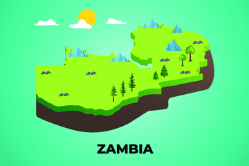 Zambia 3d isometric map with topographic details mountains, trees and soil vector illustration design