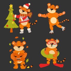 Vector set of tiger cubs in doodle style, each corresponds to one season. Tigers of bright colors.