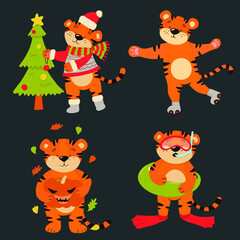 Vector set of tiger cubs in doodle style, each corresponds to one season. Tigers of bright colors.