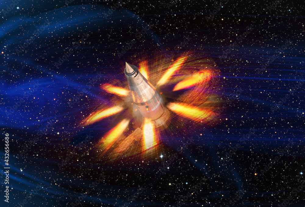 Poster spaceship in space. sci fi collage with strange engine nozzles at the side. elements of this image f