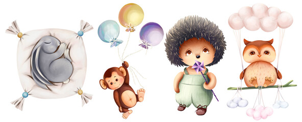watercolour set . Cute animals.Monkey with balloons, owl on a swing in the clouds, hedgehog, rabbit on a pillow Children's poster, room decoration, height meter, poster, banner, sticker.