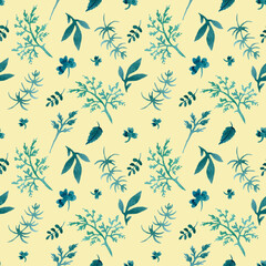 seamless watercolor pattern of stylized spring herbs, leaves and twigs on a colored background.