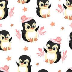 Seamless pattern in cartoon style, children's theme with fun and attractive penguin. Vector illustration