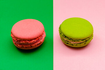 two color macaron cakes on a two paper color background