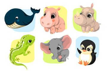 Set of characters in cartoon style, fun and attractive animals. Vector illustration