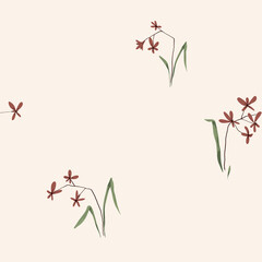 Minimalistic floral pattern. Imitation of ink painting. Scattered flowers on a branch with small foliage. Seamless pattern, vector illustration.