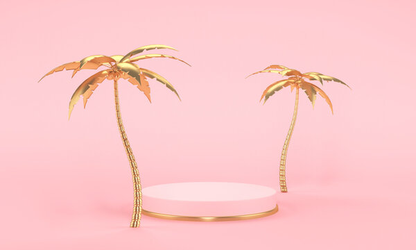 Pink stage podium with gold palms on pink background. 3d rendering