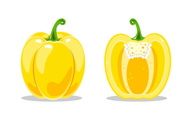 Yellow bell pepper and yellow bell pepper in the cut. Healthy nutrition. Vector illustration of vegetables.