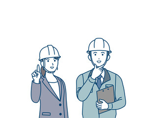 上を見る　上を指す　現場監督　従業員　製造業　男女　コピースペース　イラスト素材