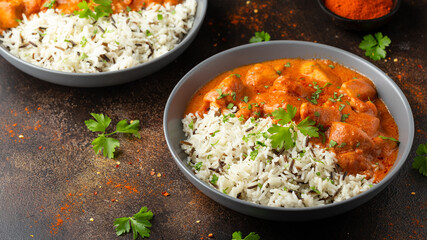 Chicken Paprikash with basmati, wild rice in juicy paprika sauce and parsley.