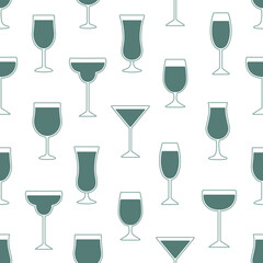 Cocktail and Beverage Glasses with Edge Contours. Minimalistic Seamless Background with Green Cocktail Glasses on White Background. For Menu Design, Poster, Wallpaper, Fabric, Packaging, Banner, Wrap