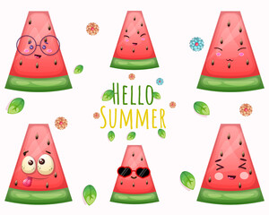 Set of cute watermelon and hello summer greeting card Premium Vector