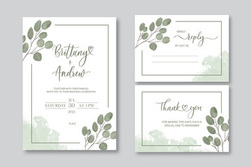 Wedding vector floral invite invitation thank you, reply watercolor design set: eucalyptus green leaves elegant greenery.