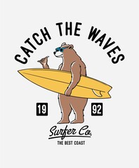 Surfer bear vector illustration, for t-shirt prints, posters and other uses. - obrazy, fototapety, plakaty