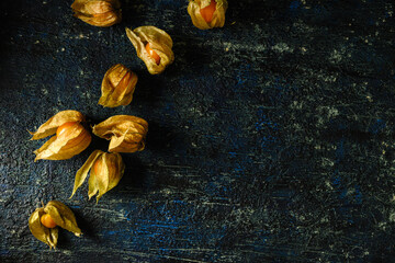 physalis berries are scattered on a dark aged background, top view, empty space for text