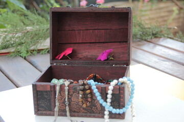 old embroidered wooden jewelry crate