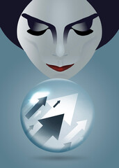 A fortune teller peers into her crystal ball to see stock market indicators pointing in an upward direction. This is a 3-D illustration.