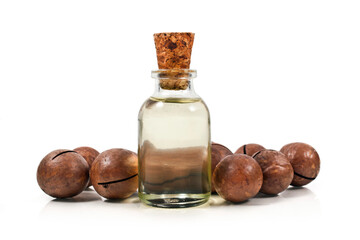 Macadamia nuts heap and macadamia oil in glass bottle isolated on a white background.