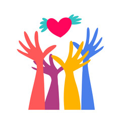 Many colorful hands release or catch a heart with wings. Volunteers hands up with heart emblem icon for education, health care, medical, volunteer, vote. 