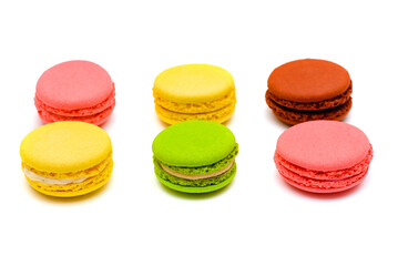 six color macaron cakes on a white background