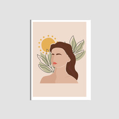 Abstract modern woman  with leaf abstract art backgrounds . Boho poster with beige background. Minimal trendy art vector  illustration for logo, posters, invitation, greeting card