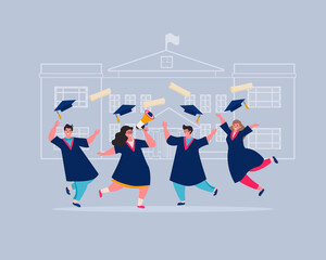 Graduates in college or university education students in academic dresses celebrating. Students graduated. Vector illustration for card promo, flyer, cover, and posters, web page.