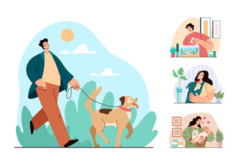 People man woman characters happy with their pets dog cats fish isolated set. Vector flat cartoon modern style graphic design illustration
