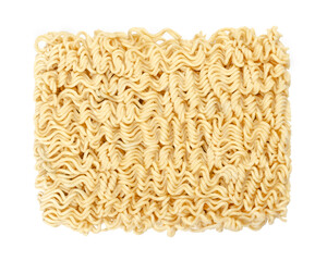 Dried instant noodle block, from above. Instant ramen are noodles sold in precooked and dried block form,  to be soaked in boiling water, but can be also consumed dry. Isolated over white, food photo.